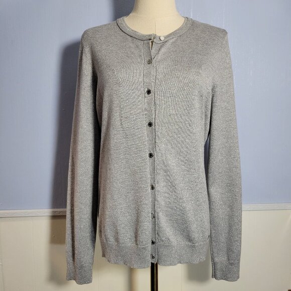 Calvin Klein Medium Light Gray Metallic Classic Lightweight Button Up Sweater - Picture 1 of 10